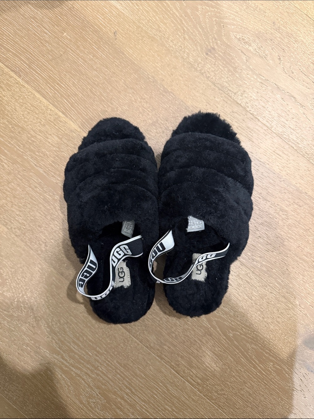 UGG Black Plush Slide Sandals with Branded Heel Strap